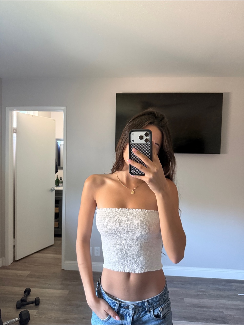Brandy Melville White Smocked Strapless Crop Top